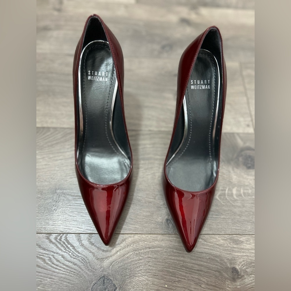 Stuart Weitzman Burgundy Red Patent Leather Pointed Toe Heels - Picture 8 of 8